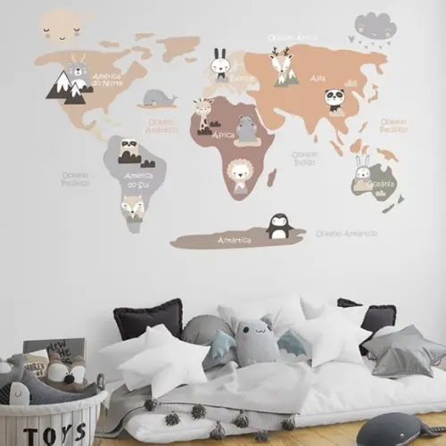 Adesivo de Parede Mapa Mundi Bichinhos