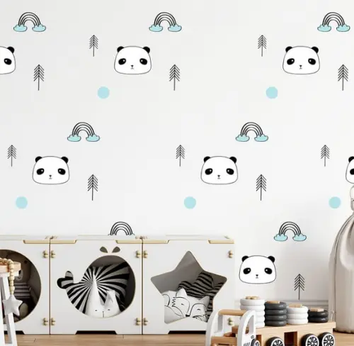 Adesivo de Parede Pandas, Arco Íris, Pinheiros, Bolinhas