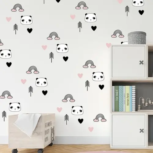 Adesivo de Parede Pandas, Arco Íris, Pinheiros, Corações