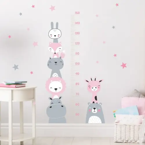 Adesivo de Parede Régua com Bichinhos e Estrelas Rosa/cinza