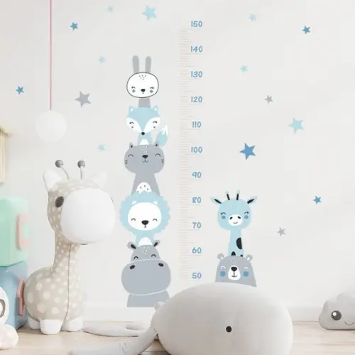 Adesivo de Parede Régua com Bichinhos e Estrelas Azul/cinza