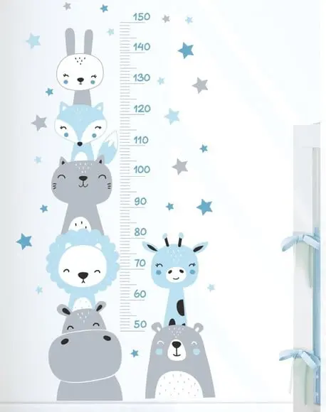 Adesivo de Parede Régua com Bichinhos e Estrelas Azul/cinza