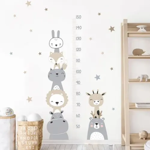 Adesivo de Parede Régua com Bichinhos e Estrelas Bege/cinza