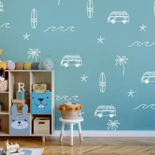 Adesivo de Parede Surf - Ondas-palmeirinhas-pranchas-kombi