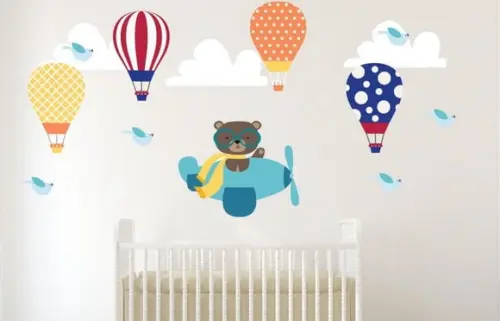 Adesivo de Parede Ursinho Aviador+balões+nuvens+passarinhos