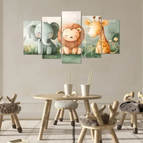 Kit com 5 Quadros Safari Infantil - Elefante, Leão e Girafa