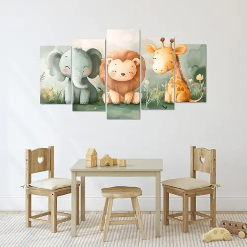 Kit com 5 Quadros Safari Infantil - Elefante, Leão e Girafa