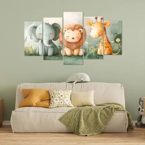 Kit com 5 Quadros Safari Infantil - Elefante, Leão e Girafa