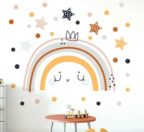 Adesivo de Parede Arco Íris com Carinha, Estrelas e Bolinhas