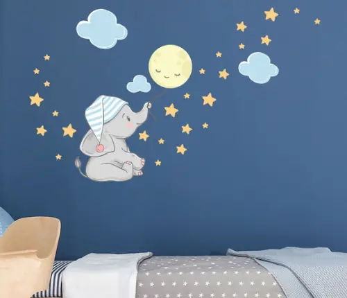 Adesivo de parede elefante, nuvens, lua, estrelas