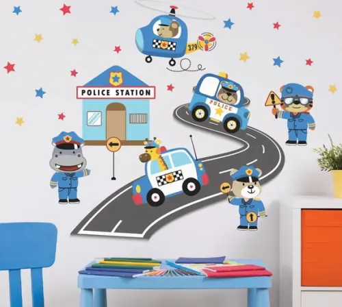 Adesivo de parede estação policial com carrinhos...