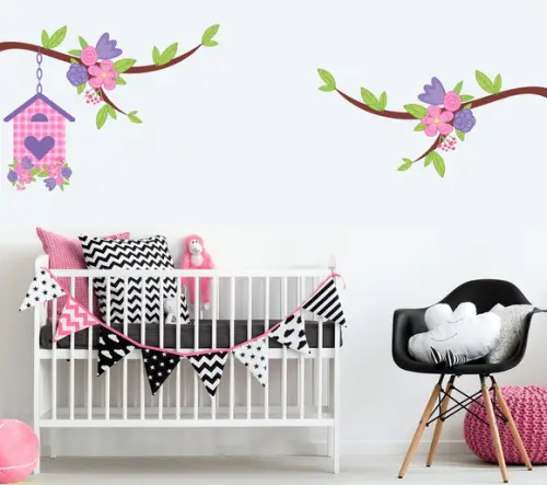 Adesivo de parede galhos com flores e casinha