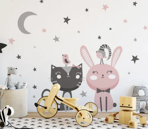 Adesivo de Parede Lua/coelho/gato/estrelas
