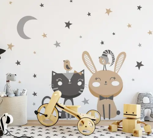 Adesivo de Parede Lua/coelho/gato/estrelas