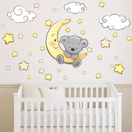 Adesivo de Parede Ursinho na Lua + Estrelinhas