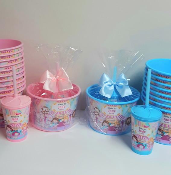Kit Balde de Pipoca e Copo Circo Rosa Aquarela