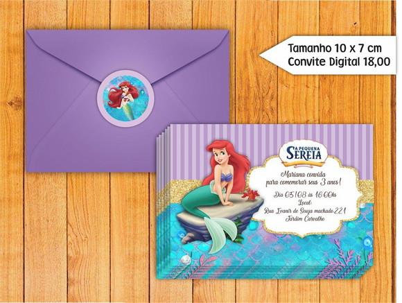 Convite Pequena Sereia + Envelope + Tag para Fechar