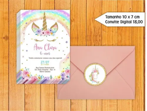 Convite Unicórnio + Envelope + Tag para Fechar