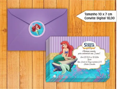 Convite Pequena Sereia + Envelope + Tag para Fechar
