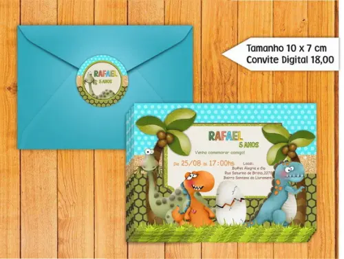 Convite Dinossauros Baby + Envelope + Tag para Fechar