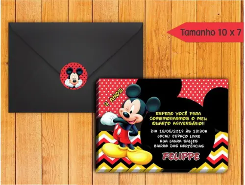 Convite Mickey + Envelope + Tag para Fechar