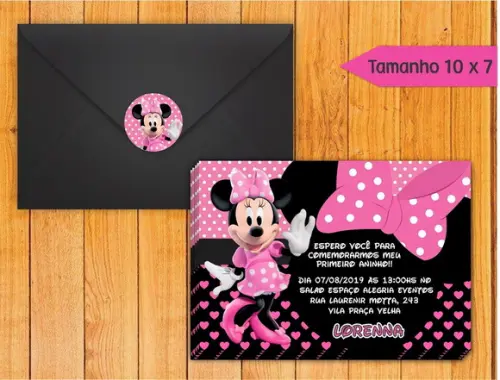 Convite Minnie Rosa + Envelope + Tag para Fechar