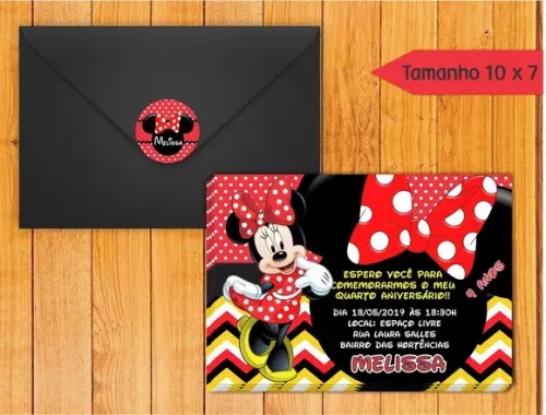 Convite Minnie + Envelope + Tag para Fechar