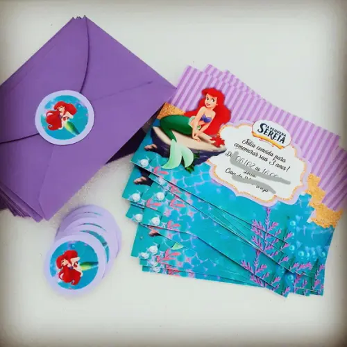 Convite Pequena Sereia + Envelope + Tag para Fechar