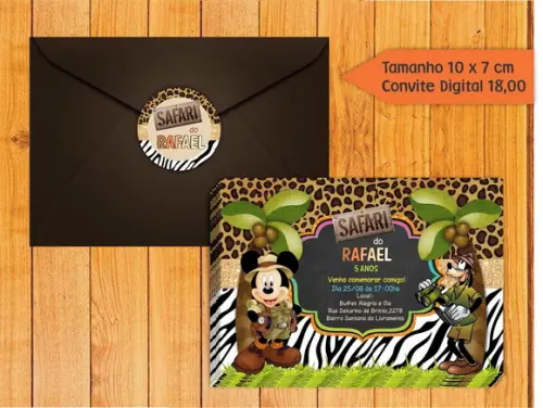 Convite Mickey Safari + Envelope + Tag para Fechar