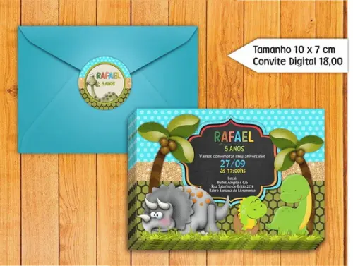 Convite Dinossauros Baby + Envelope + Tag para Fechar