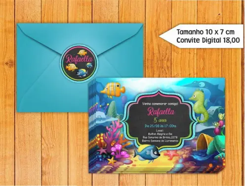 Convite Fundo do Mar + Envelope + Tag para Fechar
