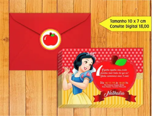 Convite Branca de Neve + Envelope + Tag para Fechar