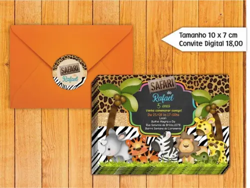 Convite Safari + Envelope + Tag para Fechar