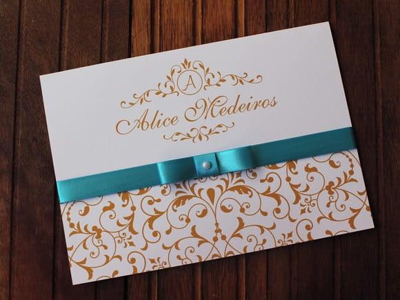 Convite 15 Anos - Convite Casamento Dourado e Azul Barato