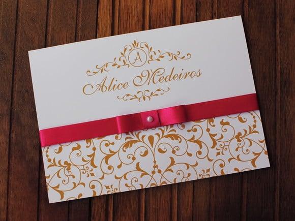 Convite 15 Anos - Convite de Casamento - 240g Pink Dourado