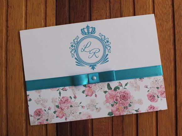 Convite 15 Anos Floral Azul Tuquesa Rosa - Outras Cores