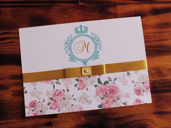Convite 15 Anos Floral Fita Dourado Barato