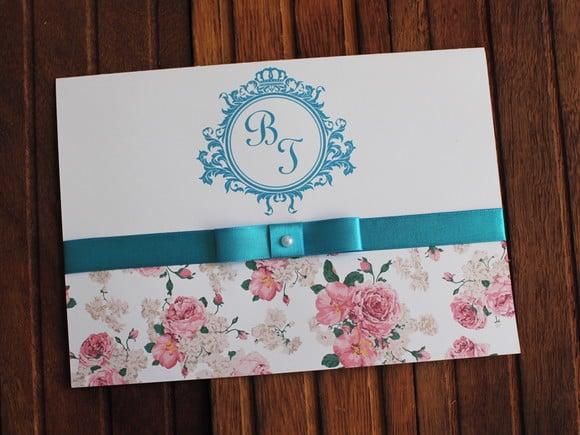 Convite Azul e Floral Casamento 15 Anos Barato