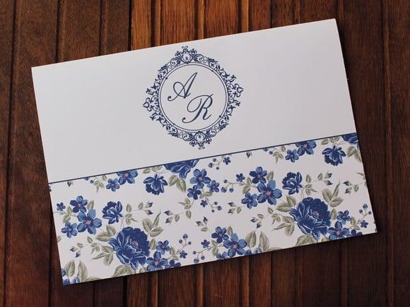 Convite Casamento - Convite 15 Anos - Floral Azul Barato