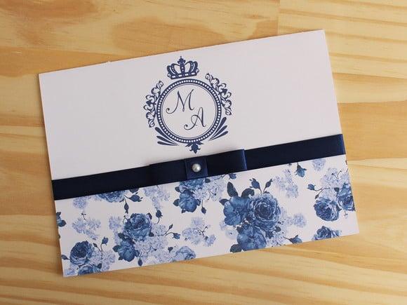 Convite Casamento Floral Azul Escuro Marinho Convite 15 Anos