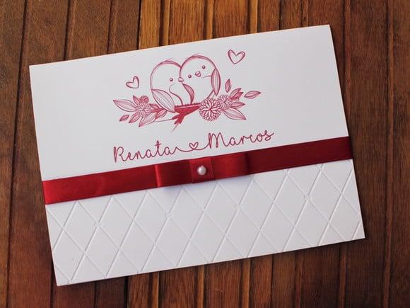 Convite Casamento Marsala Casal Pássaros com Relevo