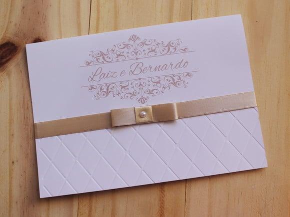 Convite Casamento Relevo Textura Bege 15 Anos Delicado
