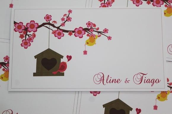 Convite de Casamento Pombinhos Sakura Rosa