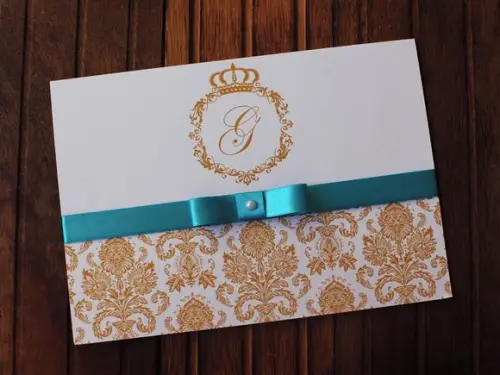 Convite 15 Anos - Convite Casamento Fita Azul Coroa Dourado