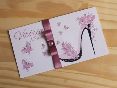 Convite 15 Anos Sapato Borboleta Rose