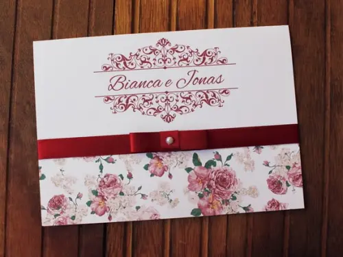 Convite Casamento - Convite 15 Anos Floral Marsala Fita 56