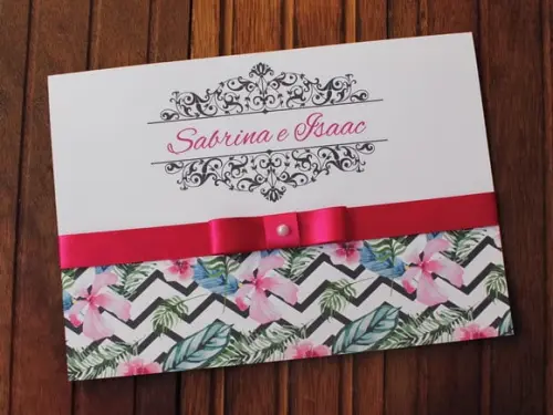 Convite Casamento Convite 15 Anos Floral Tropical Fita Pink