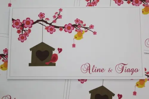 Convite de Casamento Pombinhos Sakura Rosa