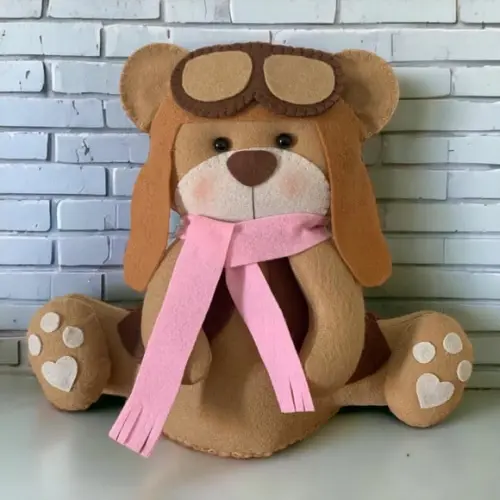 Peso de Porta de Ursinha Aviador com Cachecol Rosa