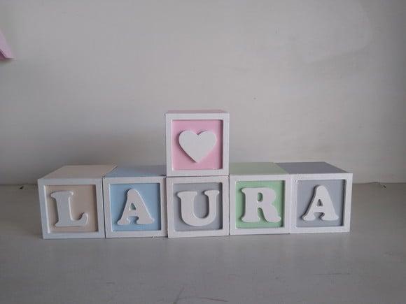 Kit com 6 Cubos Decorativos com Letras e Moldura Tamanho 5×5